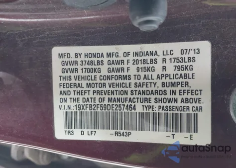 2013 Honda Civic Lx z USA, uszkodzony, nr VIN 19XFB2F59DE257464